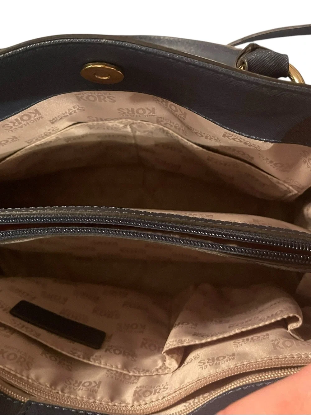 Michael Kors Navy Leather Satchel with Gold Hardware